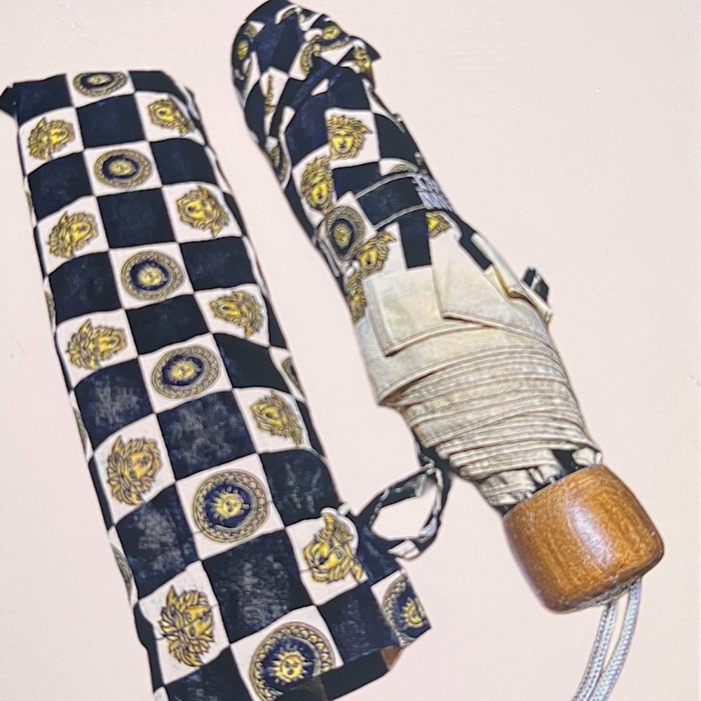 Authentic Vintage Gianni Versace Medusa Wood Handle Folding Umbrella